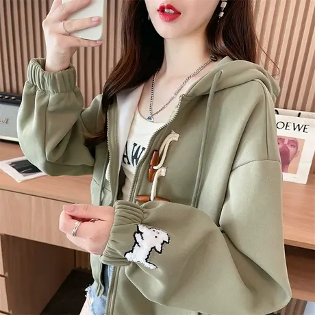 设计感连帽卫衣女2023新款秋冬季韩版宽松加绒加厚小个子开衫外套商品大图