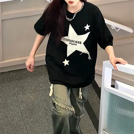 短袖T恤女黑色大码胖mm遮肚显瘦美式复古潮牌ins纯棉夏季高街上衣商品大图