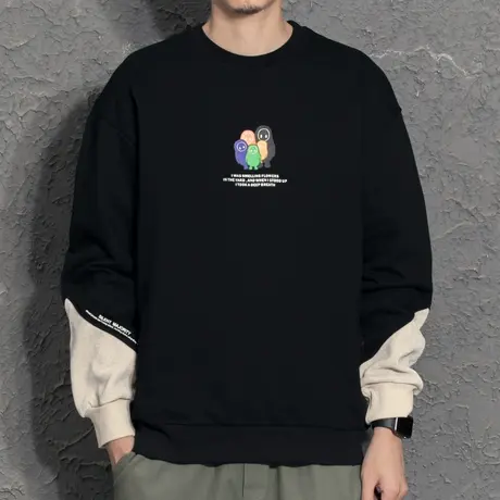 奕飏秋冬季男士圆领卫衣小清新卡通印花加绒上衣美式外套休闲商品大图