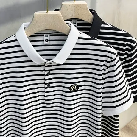 条纹翻领短袖t恤男丝光棉夏季修身POLO衫男士商务半袖休闲保罗衫商品大图