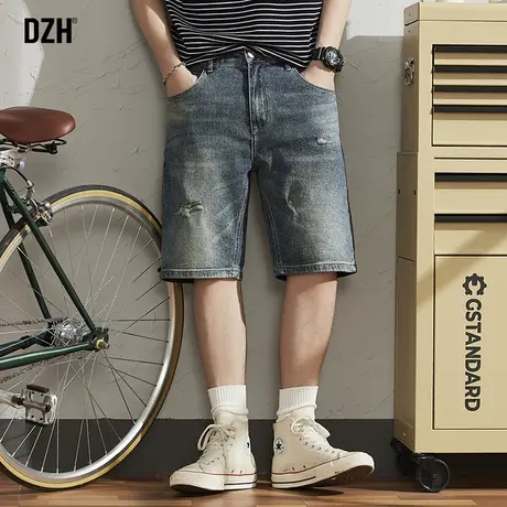 男士蓝色复古牛仔短裤男夏季薄款破洞五分裤宽松百搭裤子2023新款商品大图