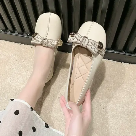 平底方头单鞋女2023年新款春秋百搭浅口蝴蝶结软底一脚蹬复古女鞋商品大图