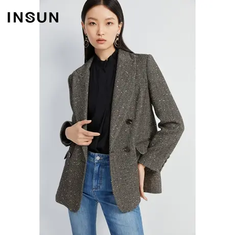 恩裳冬季2022羊毛潮流亮片通勤单面呢西装毛呢外套女商品大图