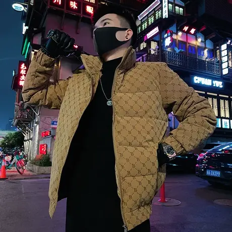 2023秋冬新款美拉德风满印字母立领棉服男款冬季修身小外套男棉衣图片
