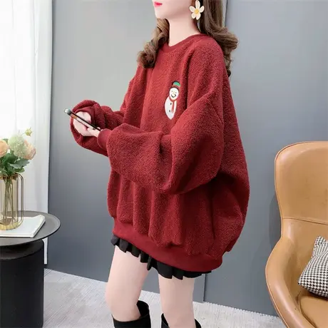 圣诞新年红色加绒加厚羊羔毛卫衣外套女秋冬新款宽松慵懒风闺蜜装图片