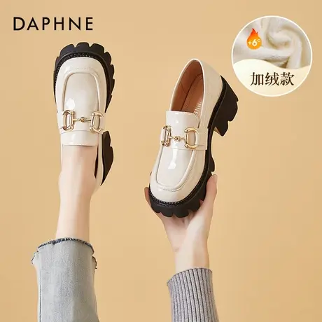 达芙妮薄款小皮鞋女夏季英伦风白色单鞋2022新款中跟马衔扣乐福鞋图片