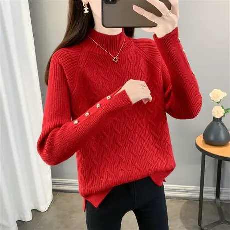 冬装加厚半高领红色毛衣女款2023新款秋冬爆款内搭针织打底衫上衣商品大图
