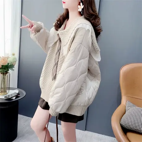 奶系设计感减龄棉服拼接娃娃领毛衣女秋冬2023年新款加厚学生上衣图片