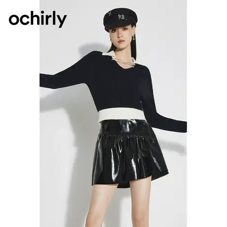 【品牌甄选】欧时力链条polo针织衫新款秋撞色v字翻领修身商品大图