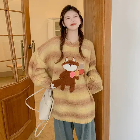 othermix 条纹卡通慵懒毛衣女2024早春新款宽松大版套头针织上衣图片