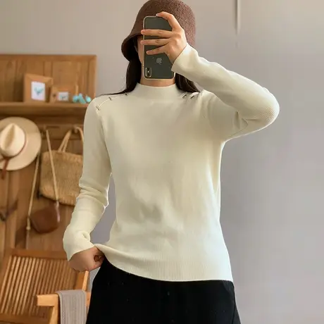 dza 复古纯色铆钉半高领针织衫女秋冬宽松内搭上衣休闲套头毛衣女图片