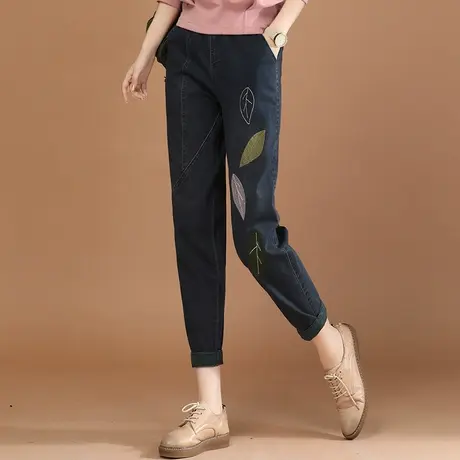 韩潮袭人松紧腰小脚牛仔裤女2024春新款刺绣宽松显瘦哈伦长裤子商品大图