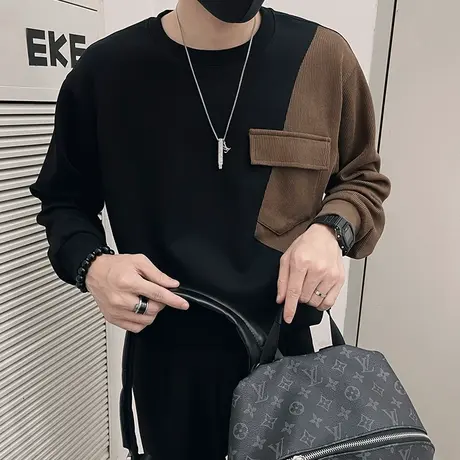 春秋季高级感撞色拼接卫衣男重磅潮牌长袖t恤衫小众打底上衣外套商品大图