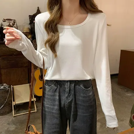 唐狮U领内搭打底衫女2024新款秋冬正肩T恤长袖白色上衣女别致1.3商品大图