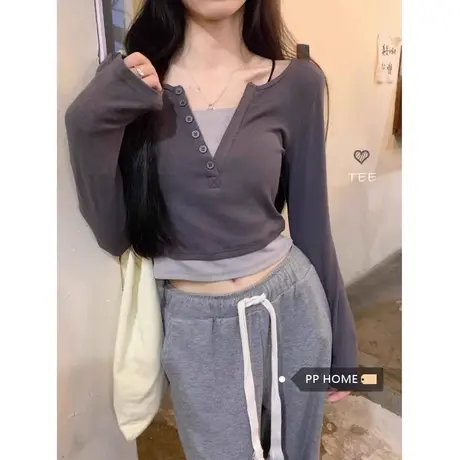 v领正肩长袖t恤女秋季新款假两件设计感小众百搭撞色修身短款上衣商品大图