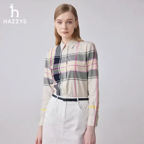 【商场同款】Hazzys哈吉斯纯棉格纹衬衫上衣女2024年春季新款衬衣图片