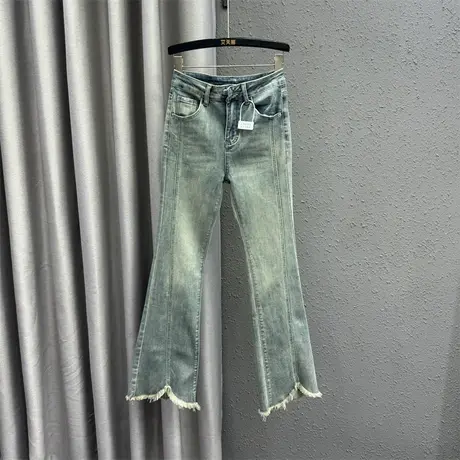 韩版毛边微喇裤女24春季新款蓝色个性贴布设计感时尚百搭牛仔长裤商品大图