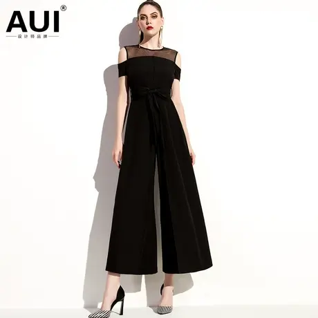aui黑色性感露肩女装网纱连体衣2023女夏新款收腰显瘦连体阔腿裤图片