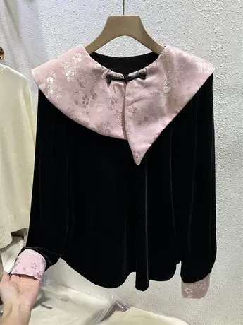 新中式国风盘扣娃娃领衬衫宽松丝绒打底衫女2024春季新款减龄上衣商品大图