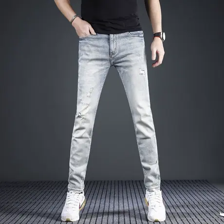香港高端浅蓝色破洞牛仔裤男2024新款修身小脚春夏季弹力男士裤子图片