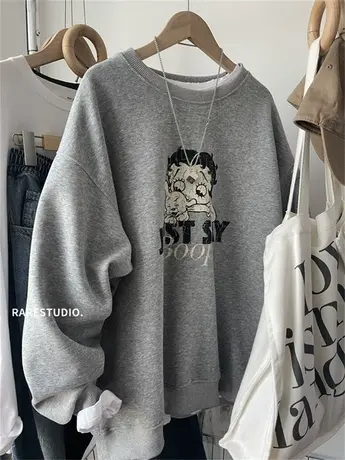 春新款韩国做旧贝蒂卡通减龄休闲慵懒大版圆领宽松洋气百搭卫衣女商品大图