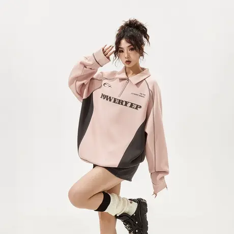 【好物体验专享】潮牌拼接半高领拉链卫衣女春装街头情侣装宽松商品大图