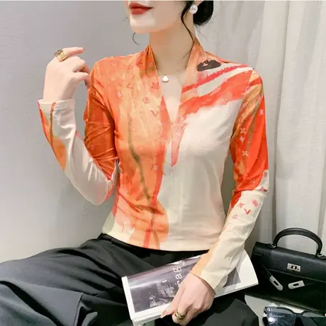 欧货女装新款性感V领T恤女长袖复古印花上衣网纱拼接气质打底衫潮图片