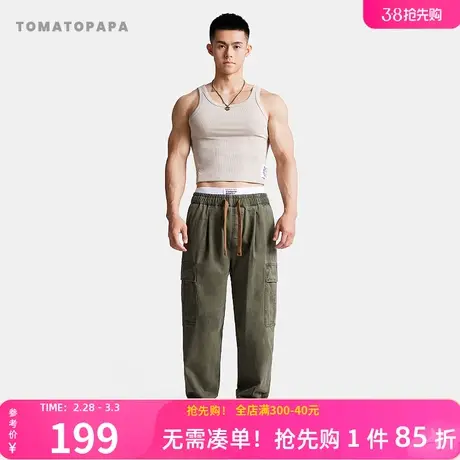 TOMATOPAPA春夏24年新款工装风长裤抽绳弹力腰束脚直筒裤男休闲裤商品大图