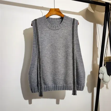 重工链条针织马甲女春秋新款设计感小众无袖坎肩毛衣背心宽松外穿商品大图