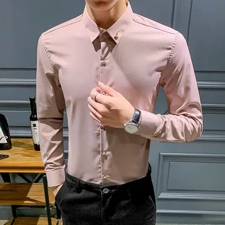 秋季百搭长袖衬衫男士韩版帅气衬衣高级感发型师寸衣潮牌男装外套商品大图