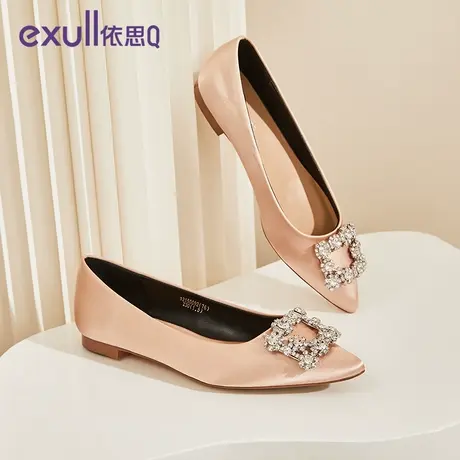 【商场同款】依思q尖头单鞋女水钻方扣平底鞋绸缎伴娘鞋日常可穿商品大图