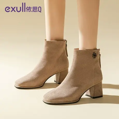 依思q靴子女2023年新款绒面高跟短靴冬季加绒瘦瘦靴秋冬女靴女鞋商品大图