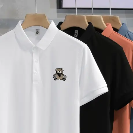 翻领t恤男装白色短袖polo衫珠地冰丝凉感上衣服潮牌小熊夏季半袖图片