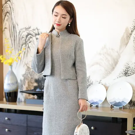 旗袍冬款加厚套装裙两件套羊毛呢时尚高档气质民国风中式减龄女装图片