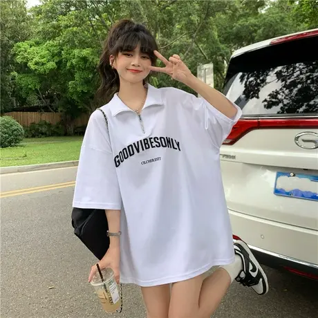 夏季新款大码女装胖mm洋气Polo领白色短袖T恤女上衣服200斤ins潮图片