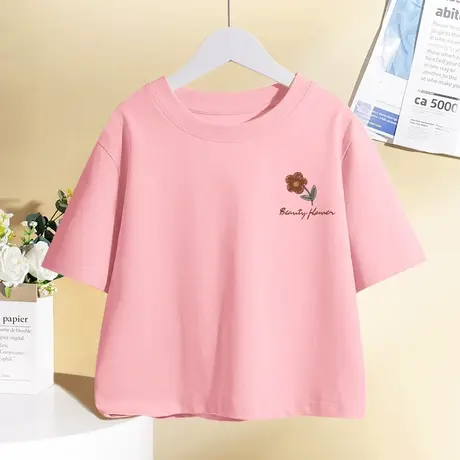 小个子短款短袖t恤女夏季女生粉色纯棉体恤2023新款正肩甜辣上衣商品大图