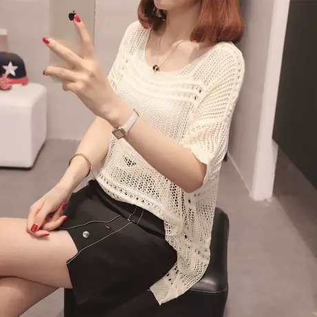 大码宽松短袖镂空针织衫防晒罩衫夏薄上衣套头蝙蝠衫女空调衫网衫商品大图