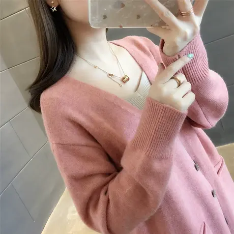 2023春秋装新款韩版纯色长袖针织开衫女宽松百搭休闲学生V领外套图片