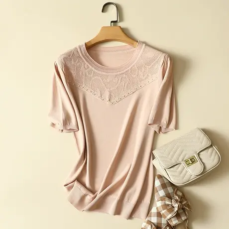 清仓！冰丝针织衫短袖t恤女春夏新款圆领宽松显瘦薄款打底衫上衣商品大图