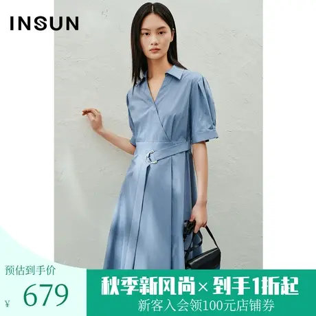恩裳2023夏款新款流行淡蓝色简约收腰X型舒适棉质连衣裙图片