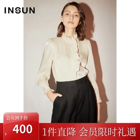 恩裳COVER春秋季时尚荷叶边舒适韩国蝴蝶纱琉璃光感衬衫女图片