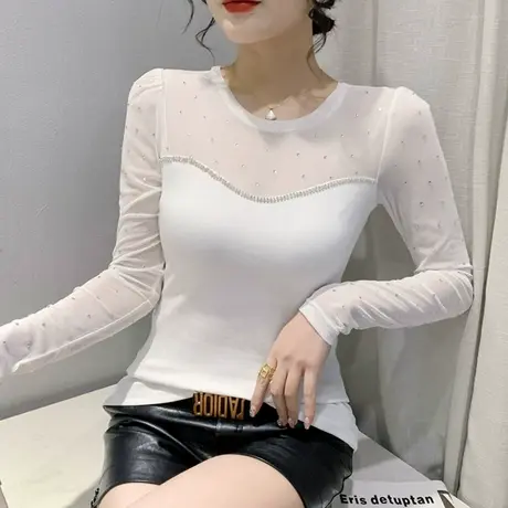 2023秋新款网纱拼接T恤女长袖设计感重工烫钻上衣性感镂空打底衫商品大图