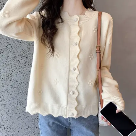 2023秋季新款钉珠软糯毛衣名媛针织开衫外套短款宽松洋气百搭上衣商品大图