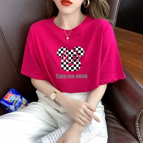 火龙果玫红色ins潮牌美式短袖t恤女2023夏季新款纯棉宽松半袖上衣图片