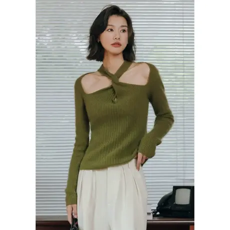 弥古绿色方领针织衫小众设计感打底毛衣女春秋挖肩挂脖上衣高级感图片
