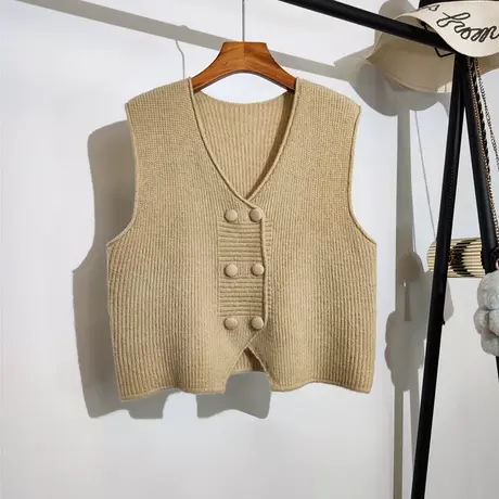 针织马甲开衫女秋冬新款宽松v领叠穿双排扣无袖坎肩毛衣背心外套商品大图