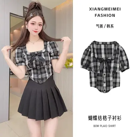 蝴蝶结格子短袖衬衫女小个子复古泡泡袖方领衬衣显瘦纯欲短款上衣图片