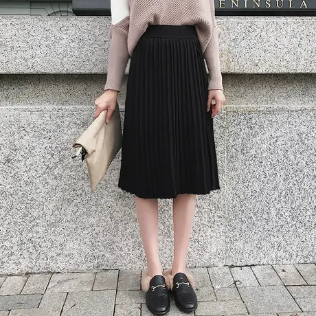 针织半身裙中长款女2022春秋新款韩版高腰小个子显瘦毛线百褶裙子图片