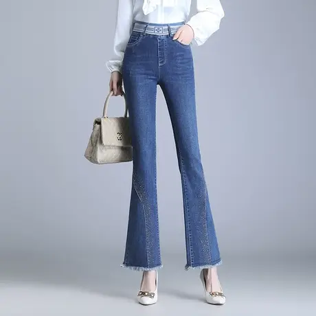 春秋弹力微喇牛仔裤女2023新款松紧腰气质毛边喇叭裤小个子休闲裤图片