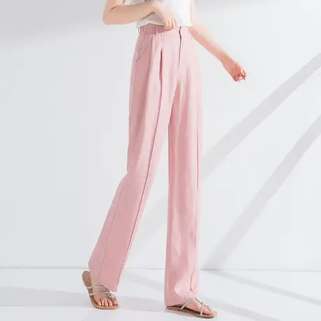 粉色冰丝阔腿裤女夏季薄款亚麻女裤2023新款窄版直筒休闲天丝裤子商品大图